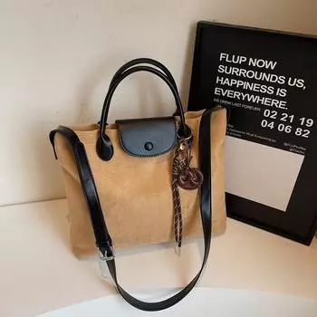 2024 Новая замшевая сумка через плечо в стиле ретро: Женская сумка-тоут/через плечо большой вместимости для осени и зимы without pendant, 33*8*27 хаки