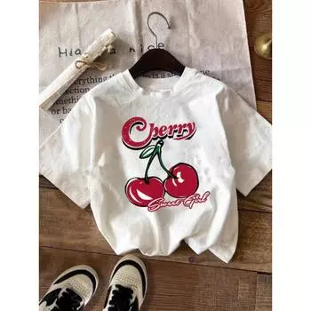 2024 Новая женская белая футболка с круглым вырезом и коротким рукавом, повседневная футболка с принтом вишни, подходит для лета S