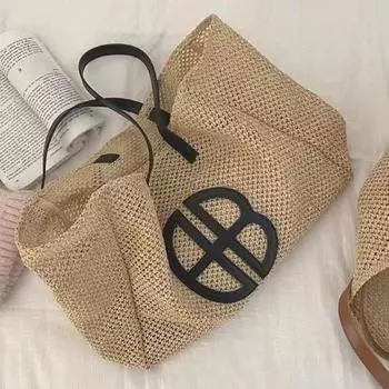 2024 Новая женская большая сумка для пляжного отдыха, большая вместительная летняя дорожная сумка-кошелек, тканая соломенная сумка через плечо в стиле INS 39cm*29cm*14cm чёрный