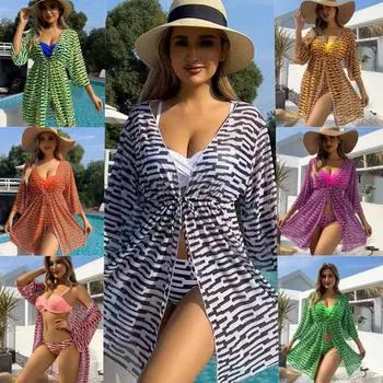 2024 Новая женская длинная рубашка с разрезом, пляжный купальник, европейская и американская внешняя торговля, новый купальник-бикини, комплект из трех предметов S бежевый