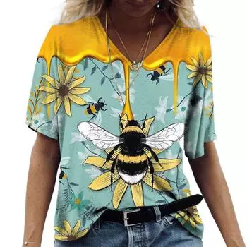 2024 Новая женская футболка с 3D-принтом, футболка с забавной пчелой, летняя футболка с коротким рукавом, женская повседневная футболка большого размера, топы Harajuku с V-образным вырезом S
