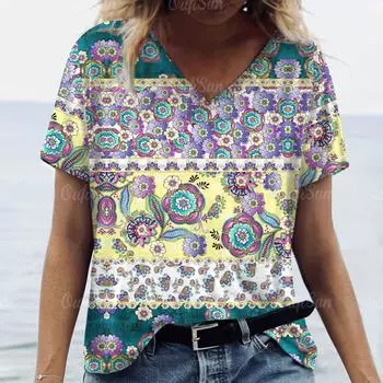 2024 Новая женская футболка с этническим принтом, топ больших размеров, женская трендовая одежда, модная рубашка с коротким рукавом, женская блузка с v-образным вырезом, винтажная XL