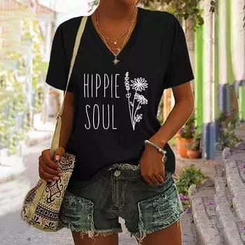 2024 Новая женская футболка с буквенным принтом, топ больших размеров, женская трендовая одежда, модная рубашка с коротким рукавом, женская футболка большого размера с v-образным вырезом S