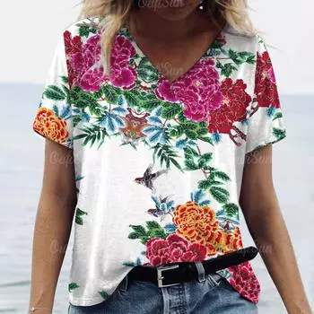 2024 Новая женская футболка с цветочным принтом, блузка большого размера, женская трендовая одежда, модная рубашка с коротким рукавом, женская блузка с v-образным вырезом XL
