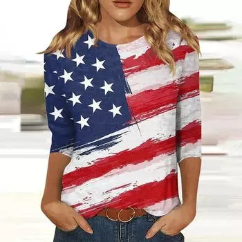 2024 Новая женская футболка с длинным рукавом с рисунком американского флага, дизайнерская модная одежда, повседневный пуловер с круглым вырезом, модная футболка S