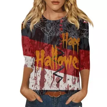 2024 Новая женская футболка с длинным рукавом на Хэллоуин с принтом паутины и круглым вырезом Повседневная базовая свободная модная женская дизайнерская модель S
