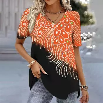 2024 Новая женская футболка с графическим принтом, топ больших размеров, женская трендовая одежда, модная рубашка с коротким рукавом, большой размер с v-образным вырезом S
