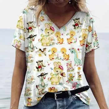 2024 Новая женская футболка с мультяшным животным принтом, топ больших размеров, женская трендовая одежда, модная рубашка с короткими рукавами, футболка большого размера с v-образным вырезом