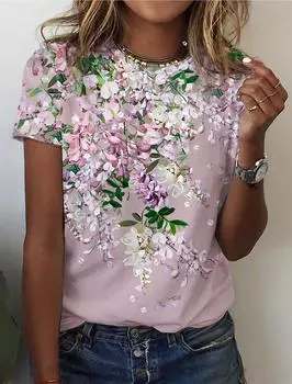 2025 новая женская футболка с небольшим свежим цветочным узором, повседневная дышащая футболка с коротким рукавом, повседневная летняя женская футболка с круглым вырезом и коротким рукавом XS