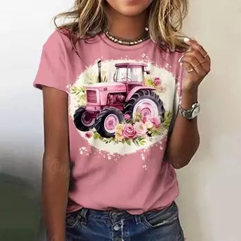 2024 Новая женская футболка с принтом мультяшной машины, топ больших размеров, женская трендовая одежда, модная рубашка с коротким рукавом, блузка с круглым вырезом, смешная S