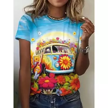 2024 Новая женская футболка с принтом мультяшной машины, топ больших размеров, женская трендовая одежда, модная рубашка с коротким рукавом, блузка с круглым вырезом, смешная S