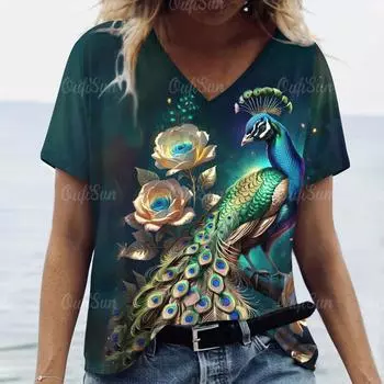 2024 Новая женская футболка с принтом павлинов, топ больших размеров, летняя женская трендовая одежда, модная рубашка с короткими рукавами, футболки с v-образным вырезом и животными S