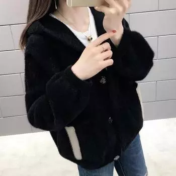 2024 Новая женская короткая куртка из норкового бархата с капюшоном, свободный универсальный свитер, куртка M белый