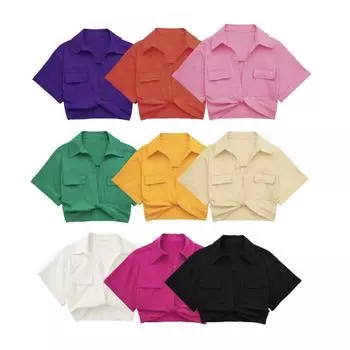 2024 Новая женская летняя разноцветная свободная эластичная рубашка с короткими отворотами и короткими рукавами XL чёрный