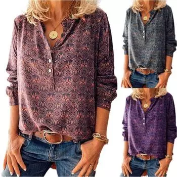 2024 Новая женская модная блузка больших размеров с принтом и V-образным вырезом, повседневная свободная, с длинными рукавами, на пуговицах, весна и осень XXXXXL красный