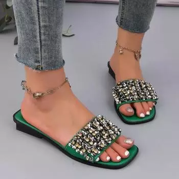 2024 новая женская обувь, базовые женские тапочки, повседневные тапочки больших размеров, женские туфли на низком каблуке с квадратным носком и кристаллами, женские Zapatos 35 зелёный
