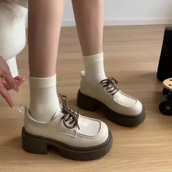 2024 Новая женская обувь Высокое качество Весна и Осень Модные Круглые Носки Однотонные Повседневные Женские Лоферы На Среднем Каблуке Со Шнуровкой 35 бежевый