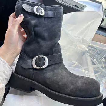 2024 Новая женская обувь, женские ботинки с пряжкой на ремне, модные современные ботинки на молнии с боковой стороны, женские сапоги высокого качества до середины икры с круглым носком 35 бежевый