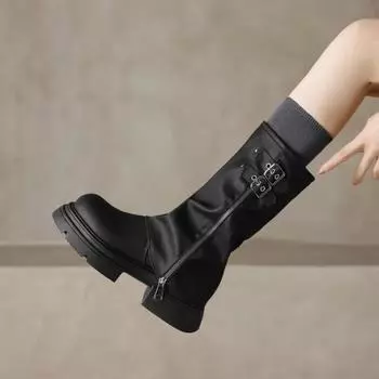 2024 Новая женская обувь, женские ботинки с пряжкой на ремне, модные современные ботинки на молнии с боковой стороны, женские сапоги высокого качества до середины икры с круглым носком 35 чёрный