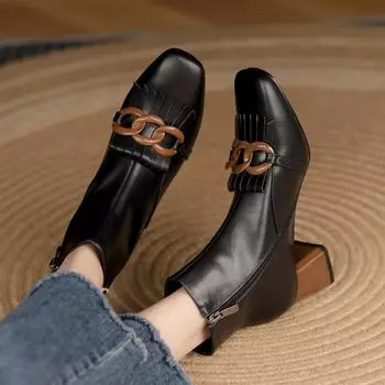 2024 Новая женская обувь Женские ботинки с бахромой Зимние ботильоны Женские ботинки Zapatos De Mujer с квадратным носком Черные ботинки из натуральной кожи 4 чёрный