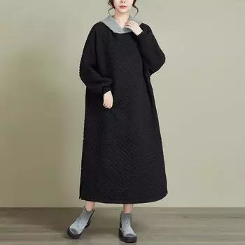 2024 новая женская одежда с длинными рукавами и капюшоном свитер длинная юбка контрастного цвета клипса шелк хлопок зимняя хлопковая одежда L чёрный