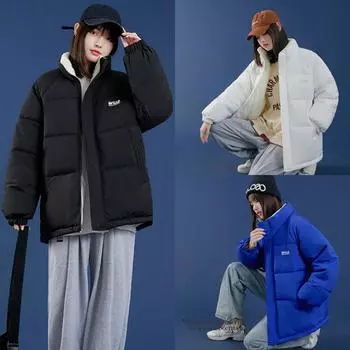 2024 Новая женская одежда с обеих сторон, утолщенная хлопковая подкладка, свободная одежда из овечьей шерсти, стоячий воротник, одежда для хлеба M белый