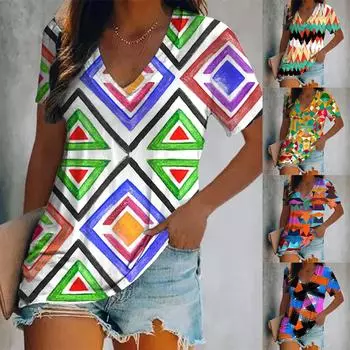 2024 Новая женская повседневная ретро-футболка с 3D-принтом для девочек, летняя свободная четкая одежда Harajuku с V-образным вырезом и коротким рукавом S