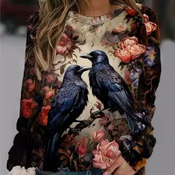 2024 Новая женская повседневная толстовка с принтом ворона на Хэллоуин с круглым вырезом Повседневная базовая свободная модная женская дизайнерская модель S