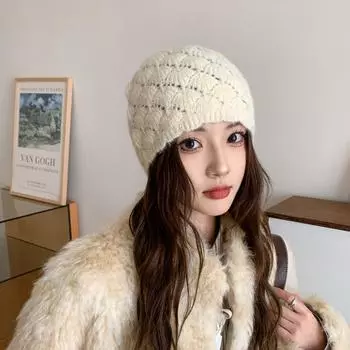 2024 новая женская шапка-мешок на голову, весна-осень, полая шерстяная шапка в стиле ретро, литературное и художественное вязание, модная многослойная шапка, прилив Average size (54-60cm) бежевый