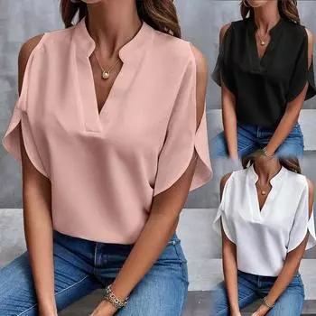 2024 Новая женская шифоновая блузка с v-образным вырезом, однотонные повседневные летние топы с открытыми плечами M