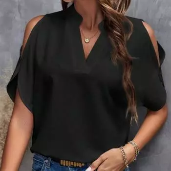 2024 Новая женская шифоновая блузка с v-образным вырезом, однотонные повседневные летние топы с открытыми плечами M чёрный