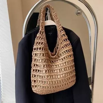 2024 Новая женская сумка большой емкости, ручная тканая сумка из травы, модная и простая выходная пляжная сумка, тканая сумка