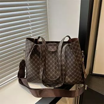 2024 новая женская сумка с принтом ПУ сумка через плечо большой емкости модная простая повседневная ретро сумка-тоут серый