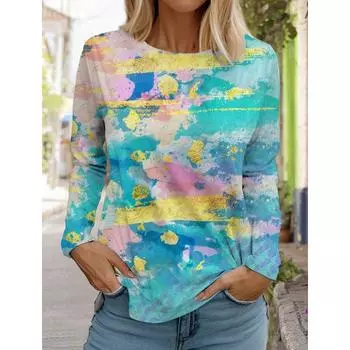 2024 Новая женская удобная простая футболка с рисунком 3D граффити YK2, круглый вырез, длинный рукав, женская повседневная ретро-уличная одежда S