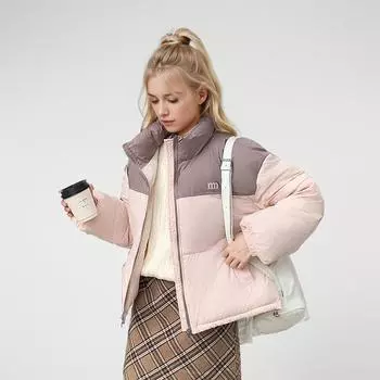 2024 Новая женская зимняя куртка Женская контрастная стойка воротник теплая короткая хлопковая куртка женская повседневная парка на молнии куртка топы M бежевый