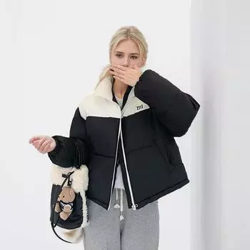 2024 Новая женская зимняя куртка Женская контрастная стойка воротник теплая короткая хлопковая куртка женская повседневная парка на молнии куртка топы M розовый