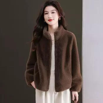 2024 новая зимняя куртка из искусственного меха норки с интегрированным пухом, женская свободная утолщенная теплая куртка для мам M [Recommended 95-55kg] хаки