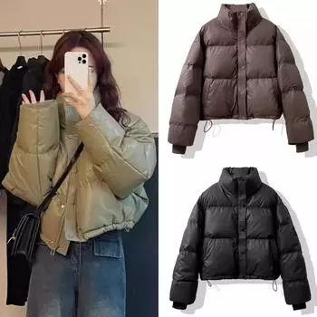 2024 новая зимняя куртка из искусственной кожи и хлопка, женская однотонная пушистая куртка на пуговицах, утолщенное женское пальто с воротником-стойкой и длинными рукавами M белый