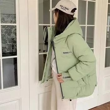 2024 Новая зимняя куртка женская пуховик теплая парка с длинным рукавом женская повседневная пуховая хлопковая куртка короткая верхняя одежда с капюшоном женская M зелёный