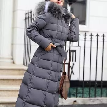 2024 Новая зимняя куртка женская теплая модная куртка с бантом на поясе и воротником из лисьего меха длинное платье женское толстое пальто M серый