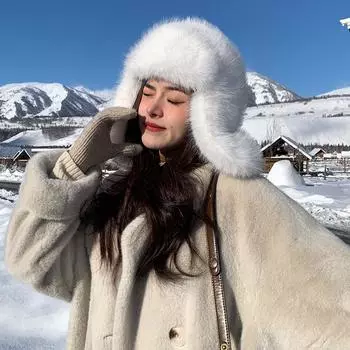 2024 Новая зимняя шапка из искусственного соболя, женская шапка для велоспорта Lei Feng, утолщенная ветрозащитная теплая шапка для защиты ушей M56-58cm белый