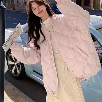 2024 Новая зимняя стеганая куртка женская осенне-зимняя стеганая куртка пуховик хлопковый маленький свободный ромб стеганая куртка женская S [within 60kg] светло-фиолетовый