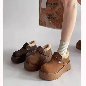 2024 Новая зимняя женская обувь из плюша, теплая, модная, ретро, хлопковая, женская, удобная, на толстой подошве, с пряжкой, зимние ботинки 35 хаки