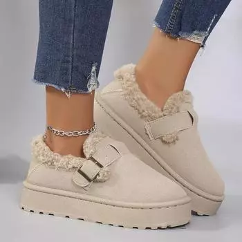2024 Новая Зимняя Женская Обувь Модная Ретро Хлопковая Обувь на Толстой Подошве с Бархатной Теплотой и Нескользящие Снежные Ботинки 35 бежевый