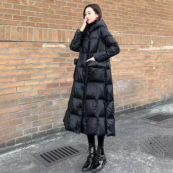 2024 Новая зимняя женская одежда Зимняя свободная длинная пуховая куртка Женская узкая длинная куртка выше колена с капюшоном S