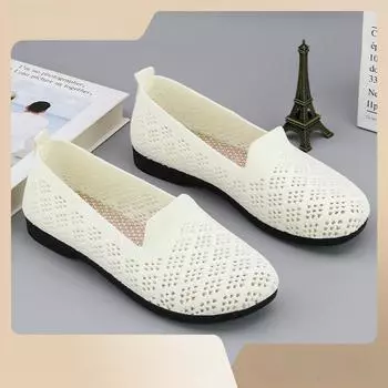 2024 новейшие однотонные туфли с круглым носком и плоским дном на плоской подошве, мягкие одинарные туфли, повседневные дышащие женские полые вязаные туфли 36