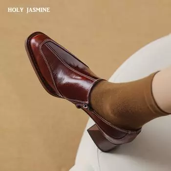 2024 Новейшие женские туфли-лодочки на толстом каблуке с квадратным носком, женские туфли для зрелых женщин из натуральной кожи, весна-лето, базовые офисные женские туфли для работы 34 чёрный