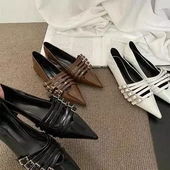 2024 Новинка 2024 Весна Женские Туфли Мэри Джейн 2024 Тонкие Ремешки Неглубокий Острый Носок Женские Элегантные Туфли На Низком Каблуке Женские Туфли-Лодочки Без Застежек 35 коричневый