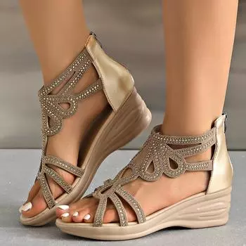 2024 новинка 2025 года, сандалии в римском стиле с толстым дном, круглым носком, стразами, открытым носком, однотонные, с молнией сзади, женские, большого размера 35 чёрный