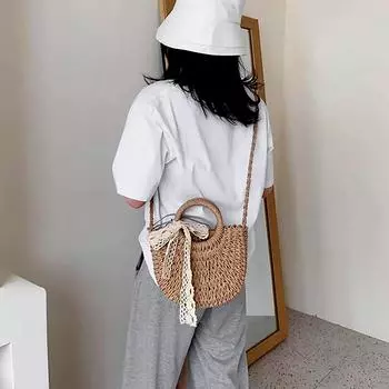 2024 Новинка ручной работы, плетение травы, лунная сумка, женская сумка, ручная сумка через плечо, ручная сумка для плетения травы, ручная сумка с лей-лентой, сумка для пляжного отдыха светло-желтого